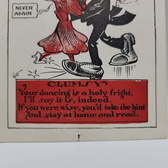 Antique Valentine Postcard Clumsy Dancing Humor Red Heart Cartoon Made In USA - Picture 2 of 5